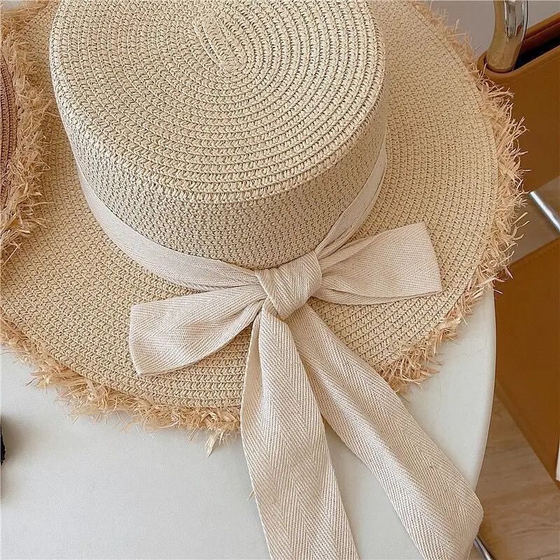Womens Paper Straw Sun Hat Raffia Wide Brim Floppy Summer Beach Hats Frayed Hat