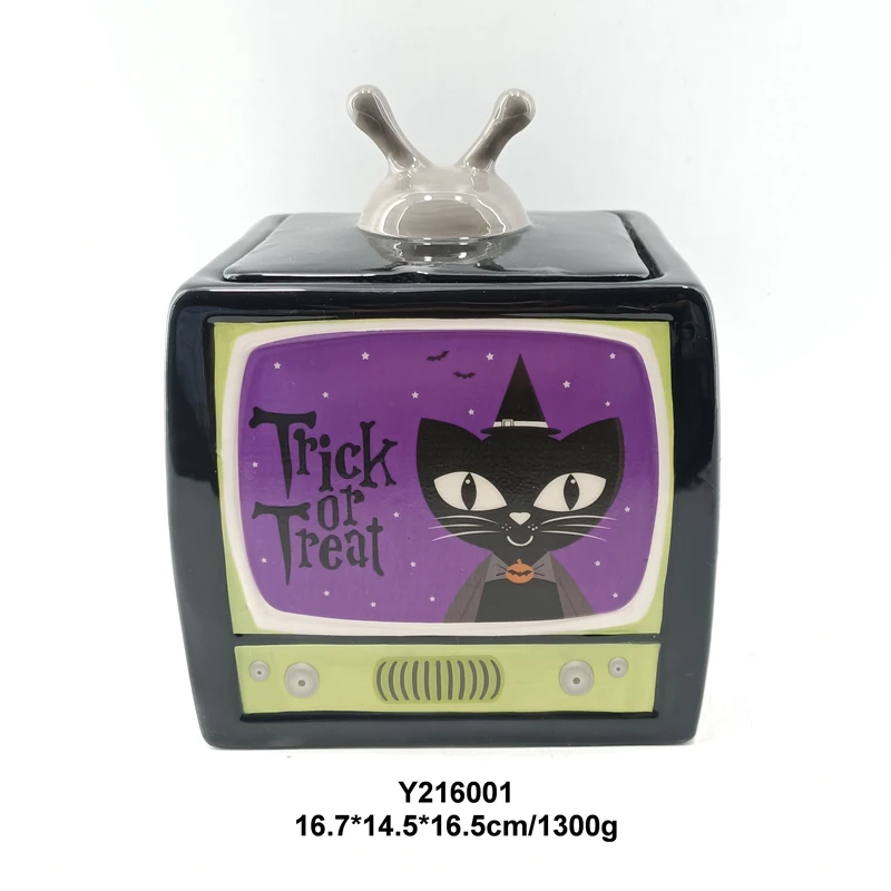 45 oz Ceramic TV Shape Halloween BOO Ghost Cookie Jar Candy Treat Jar Canister with Gasket and Lid