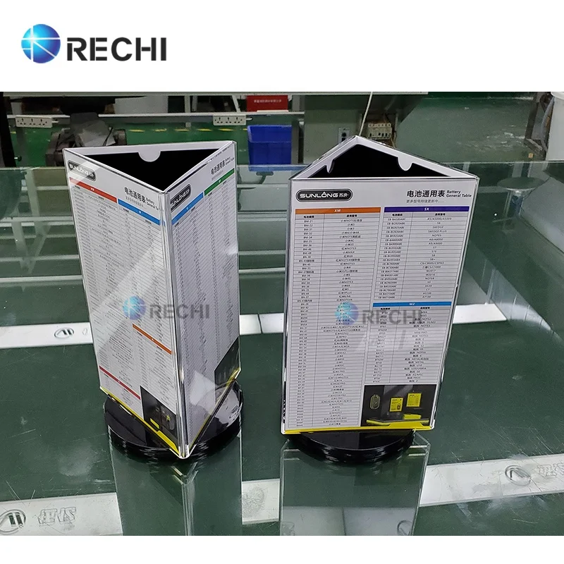 RECHI Custom Counter Rotating Acrylic Signage Display Holder Perspex Advertising Acrylic Menu Sign Holder With Three Sides Sign