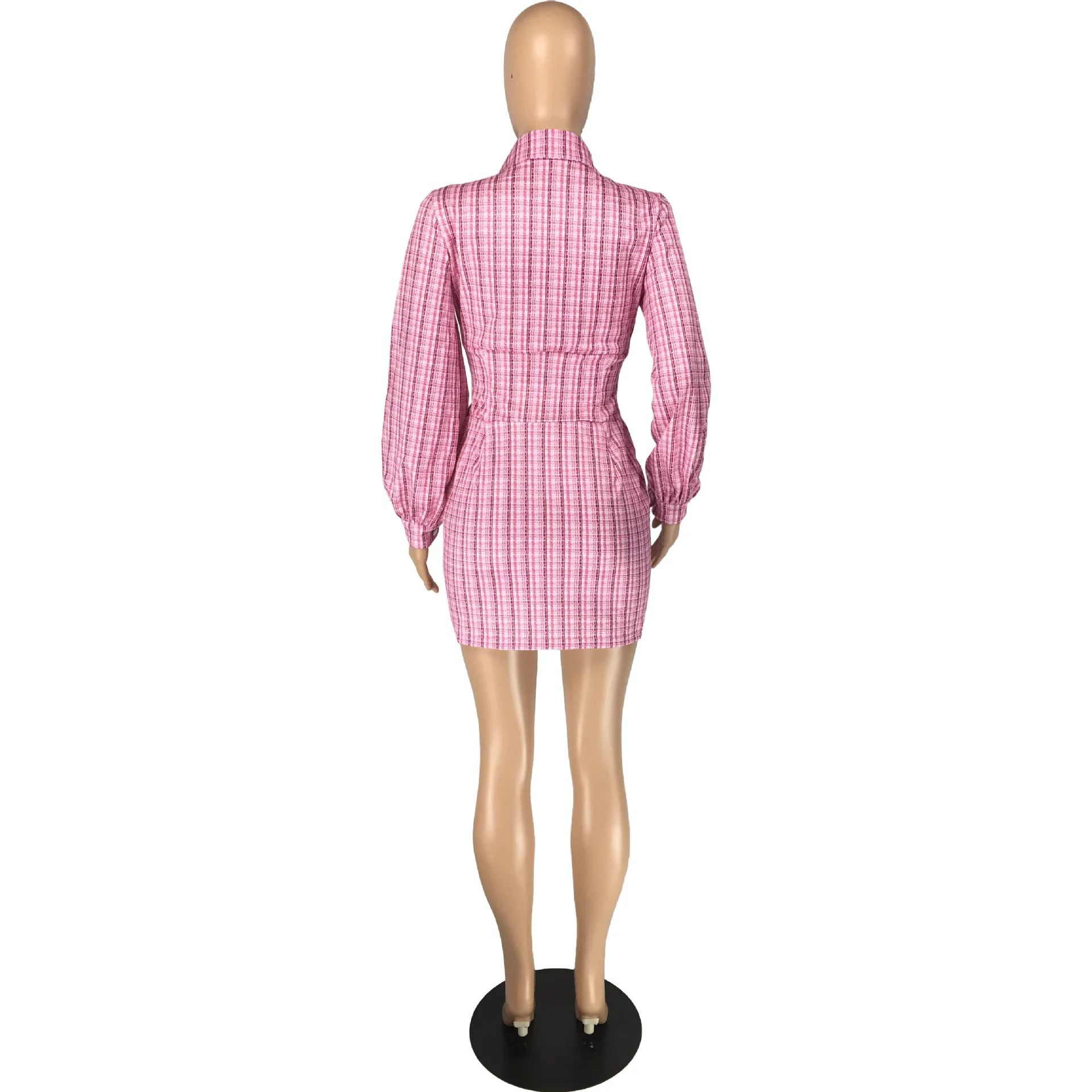 2022 Spring Casual Elegant Party Lantern Long Sleeve Zipper Up Plaid Pink Dress Ladies Clothes Mini Corset Dresses For Women-PT