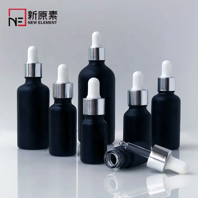 frosted black cosmetic 5ml 10ml 15ml 20ml 30ml 50ml 100ml oil glass dropper bottle for hair products with silver white dropper