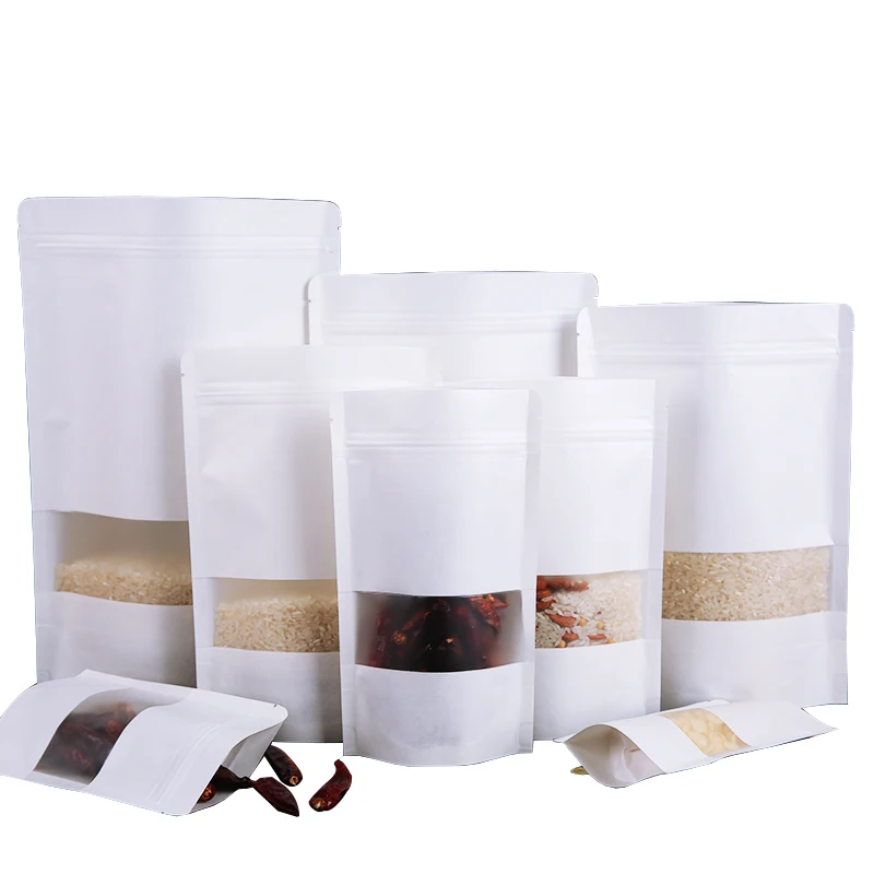 Wholesale 100pcs/lot food grade white kraft paper stand up pouch nuts rice packaging bag with window fast shipping