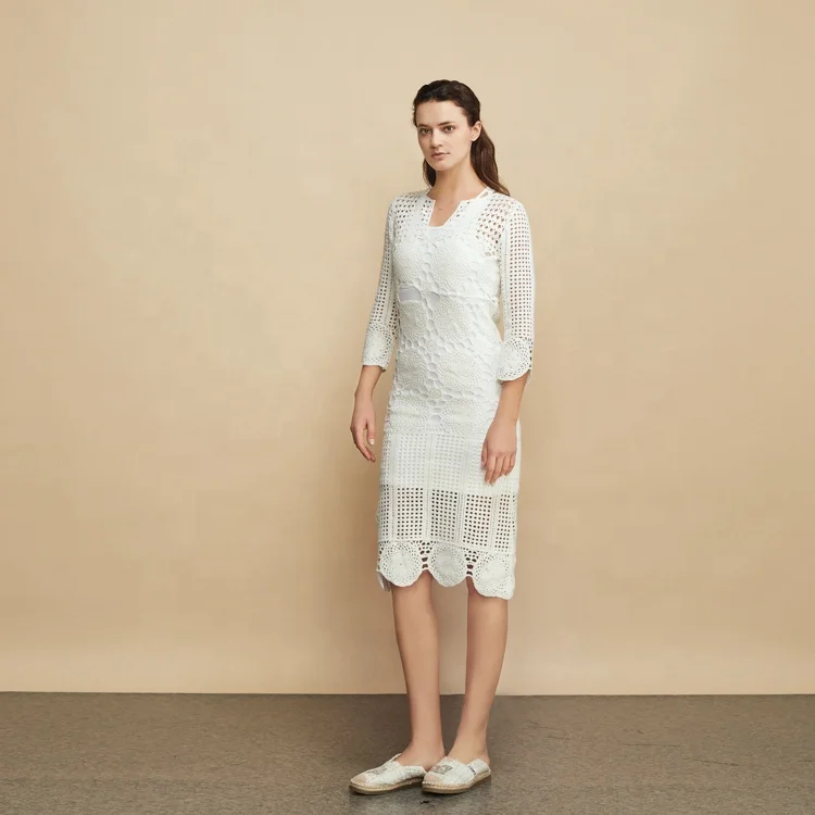 2022 factory custom temperament casual ladies dress white midi women crochet dress