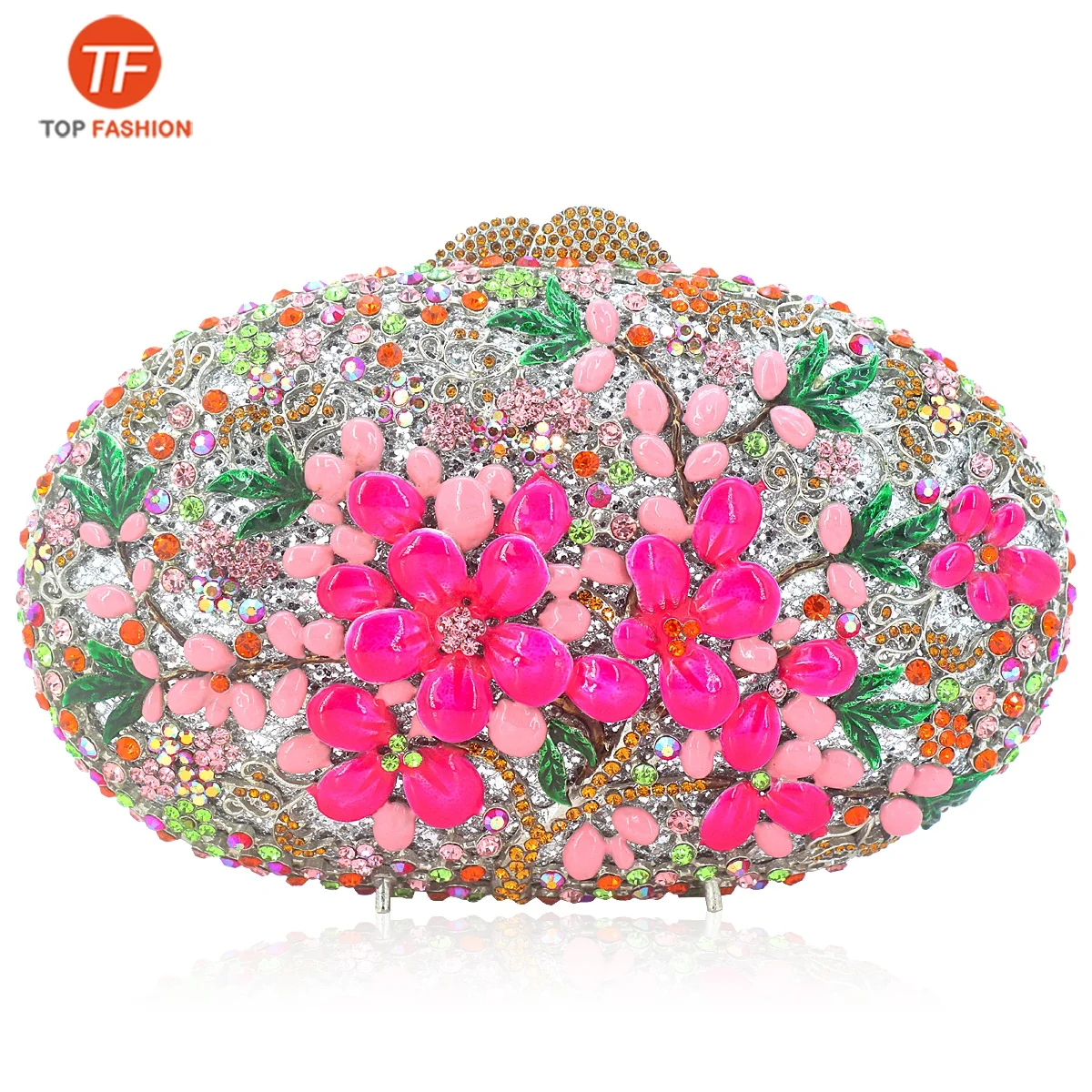 China Factory Wholesales Crystal Rhinestone Clutch Bag for Formal Party Diamante Enamel Flower Oval Minaudere Women Evening Bag