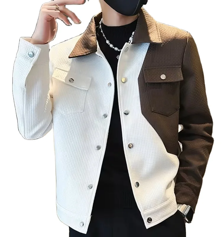 Autumn high quality thick two-tone stitching custom Overshirt fashion style fleece waffle jacket