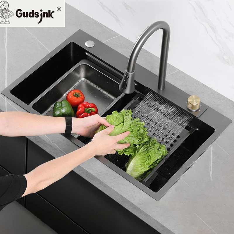 Gudsink factory sell rain sprayer mixer faucet wholesale SS201 stainless steel handmade sink black kitchen sink