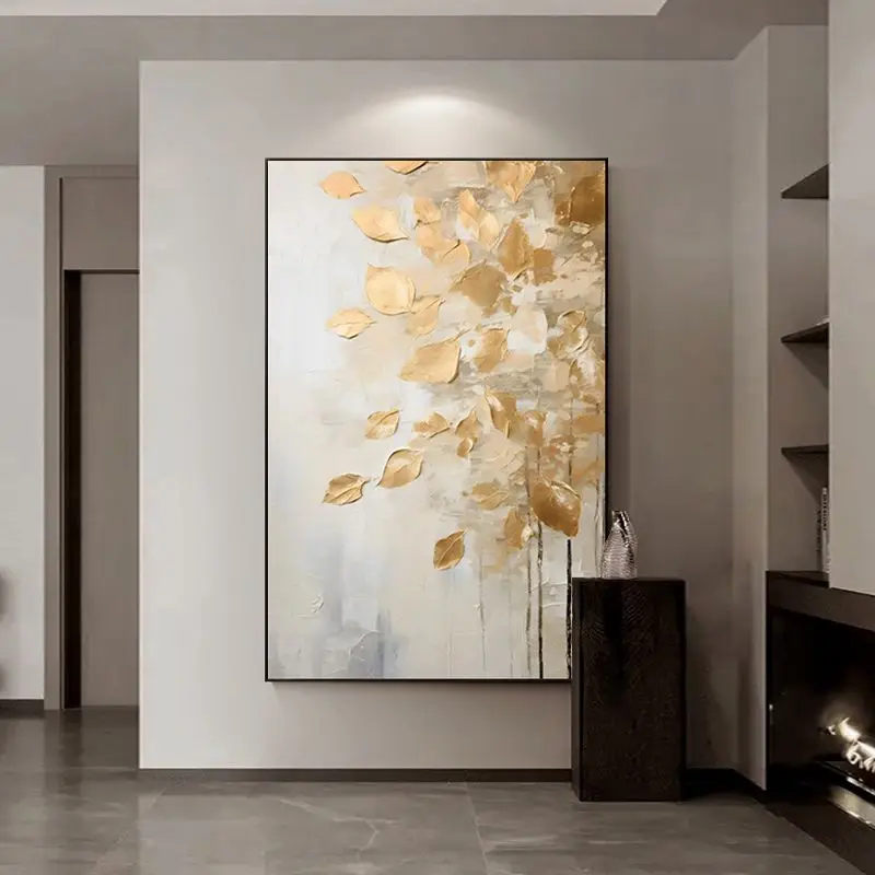 100% Hand-Painted Modern Canvas Large Modern Textured Artwork Gold Foil Leaves Pattern Original acrylic abstract oil painting