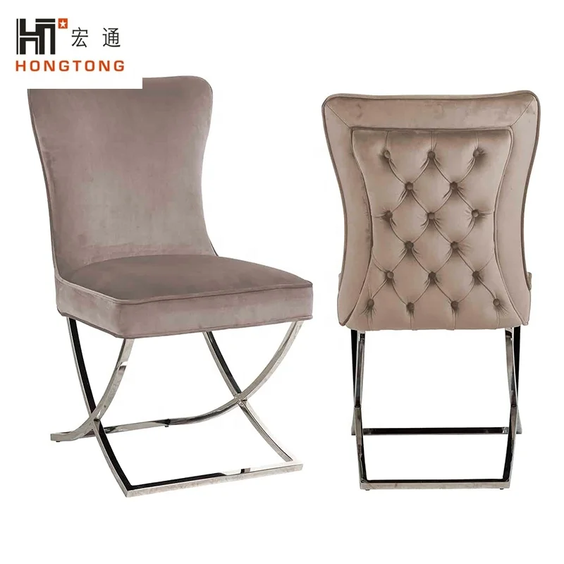 
UK Style Button Decoration Velvet Dining Chair Stainless Steel Chrome Dining Room Chair 
