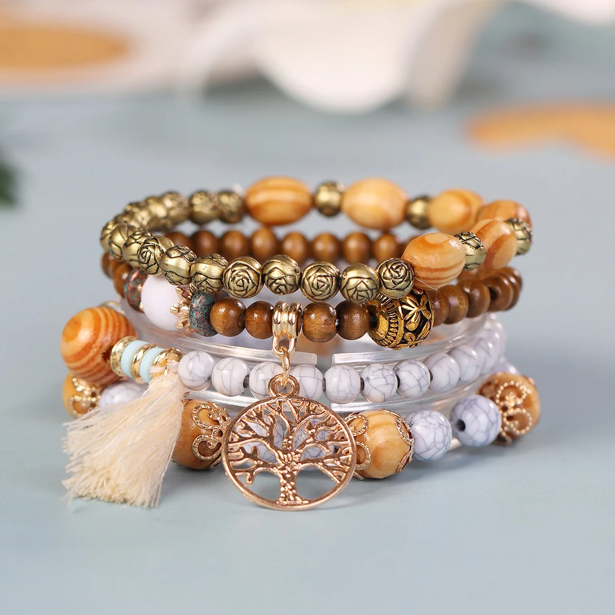 Hotsale Boho Tree of Life Charms Wood Beaded Couple Bracelet Set Handmade Jewelry Wholesale Customized