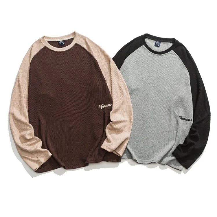 Embroidery Logo Unisex Color Block Waffle Fabric Oversized Raglan Sleeve T shirt Crew Neck Man Long Sleeve T-shirt