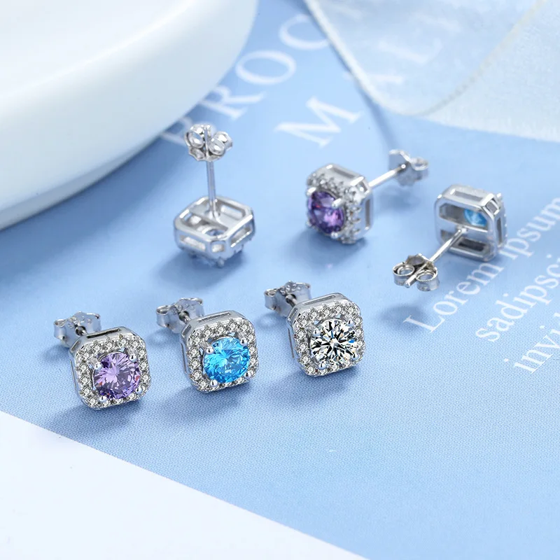 Rainbowking Fashion 925 Sterling Silver Pave Setting Square Blue CZ Stud Earrings For Men Women 18K Rhodium Plated Jewelry Gifts