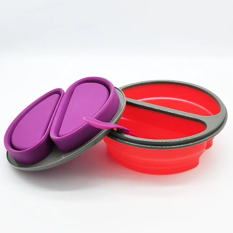 High Quality Round Silicone Collapsible Food Storage Containers Double grid Lunch Box With Plastic Spoon