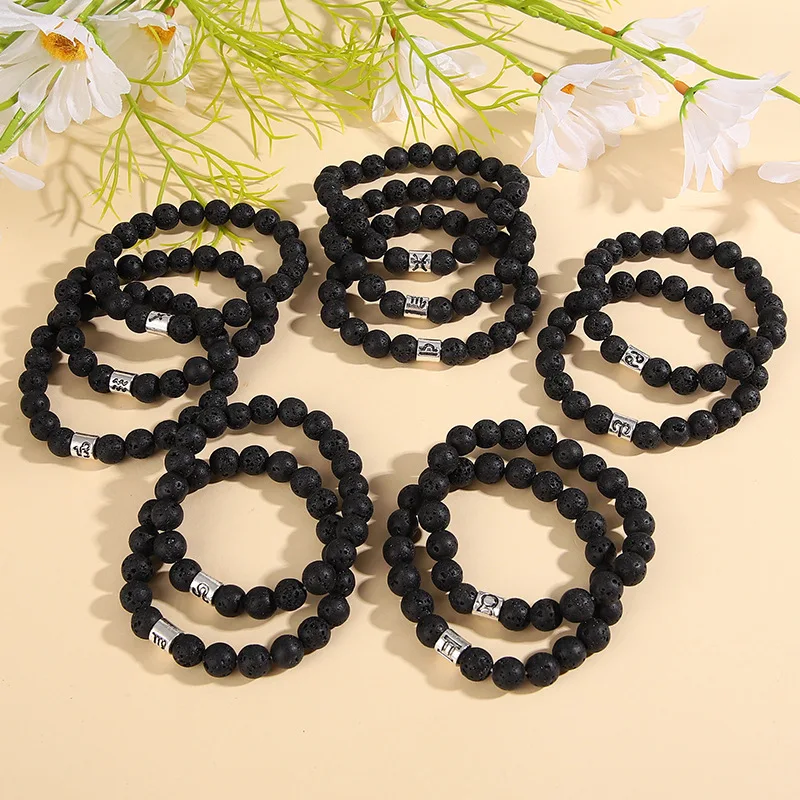 Mens Black Natural Volcanic Lava Gemstone Bracelet 8mm Natural Stone Beads Bracelet 12 Zodiac Black Obsidian Bracelet