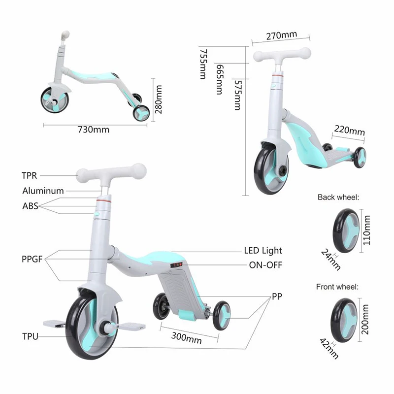 Folding 3 in 1 Flexible Reversible 3 Big Wheel Portable Cheap Multi Functional with Seat for Children Kids Kick Foot Scooters