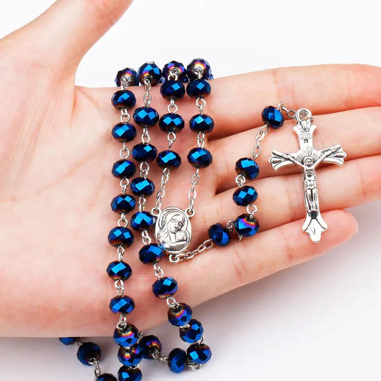 New Blue Glass Crystal Rosary Necklace Our Lady Of The Holy Land Holy Child Cross Beaded Necklace