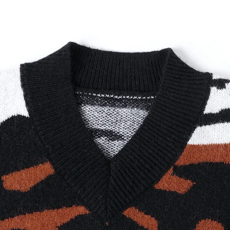 2022 new fashion leopard sweater v neck loose casual pullover sweater for women