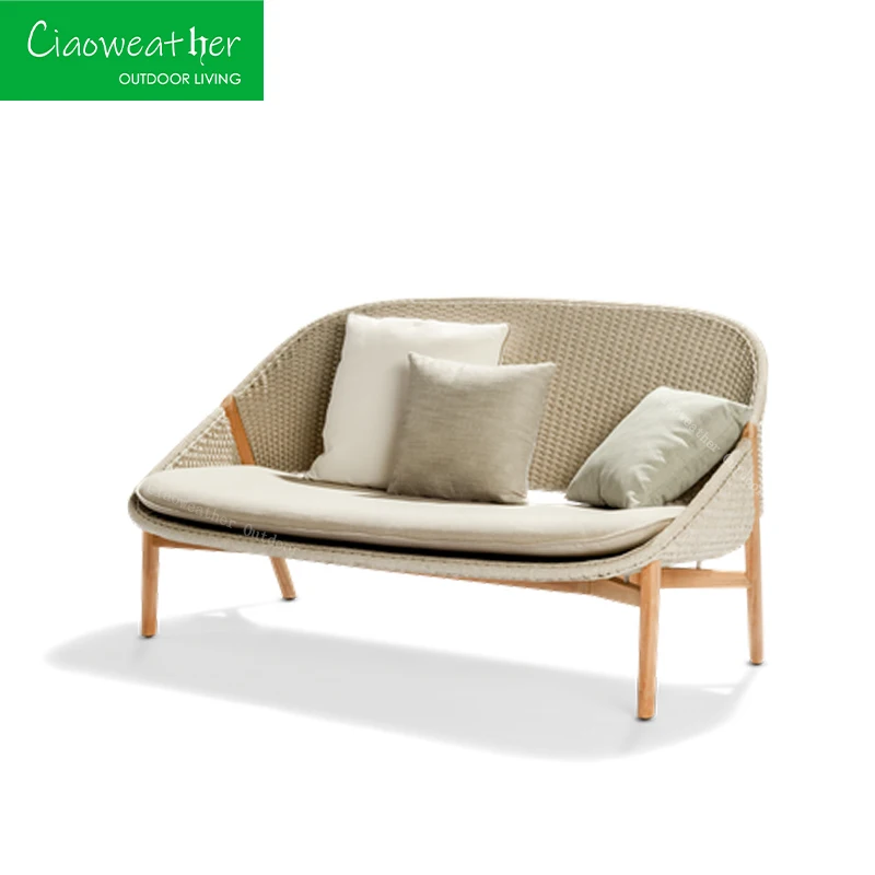 Luxury outdoor chair teak garden sofa rattan garden furniture set sofa with waterproof upholstery cushion