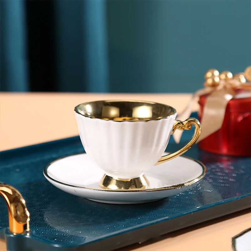 New Gold Rim Ceramic Cups Set of 6 Luxury Special Saucer Reusable Wholesale Supplier Marble Glazed Porcelain Turkish Coffee Cups