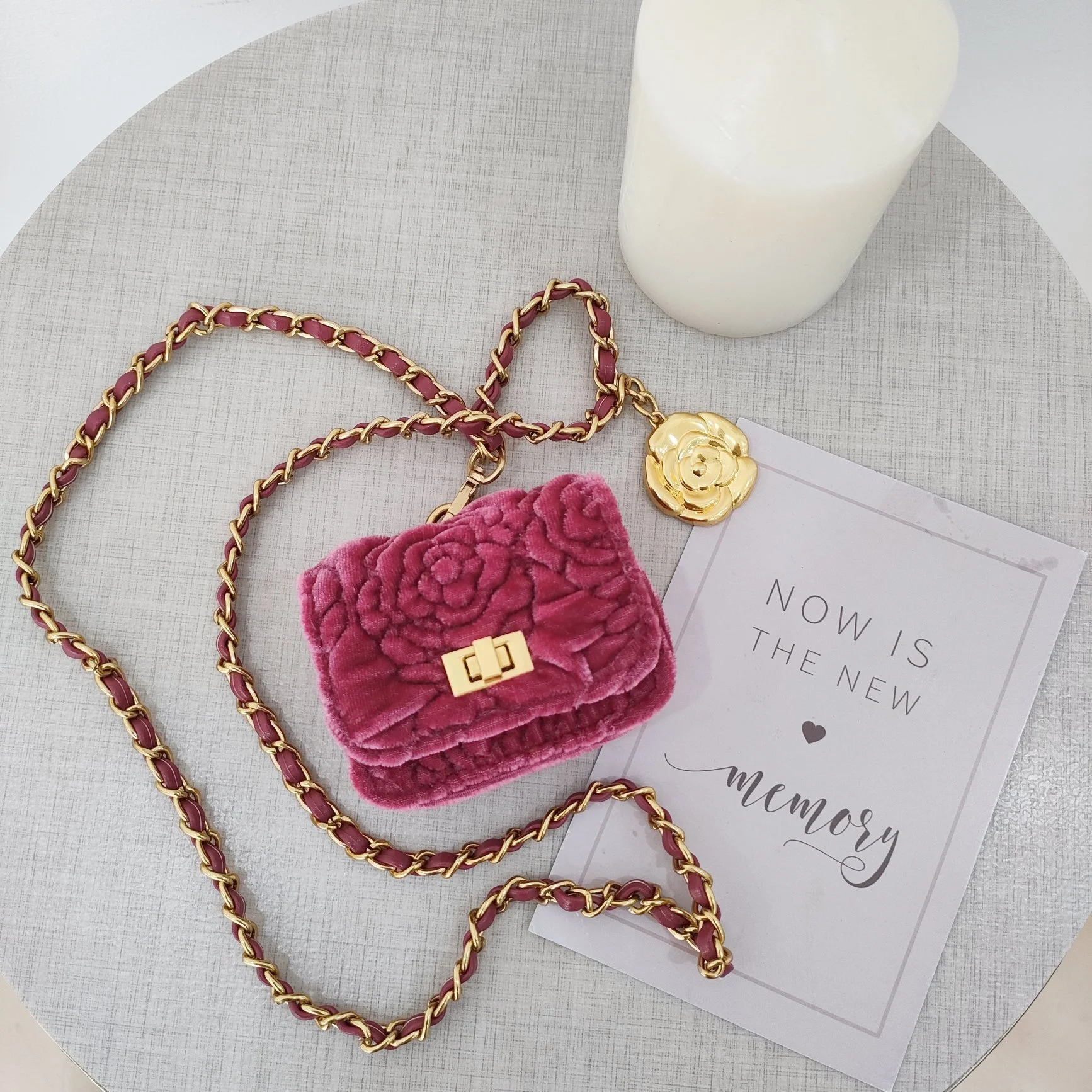 10813# Fashion luxurious women mini velvet flap crossbody bags with camellia follower metal chain for girls lipstick purse case