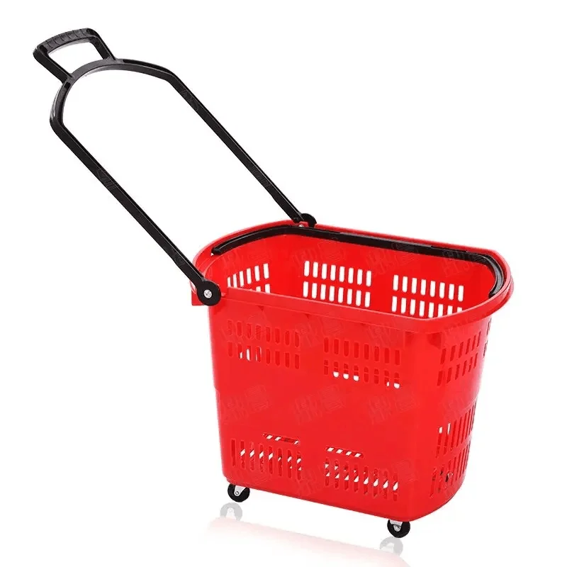 Double Handle Carrying Shopping Basket With Wheels Plastic Mini Supermarket Baskets