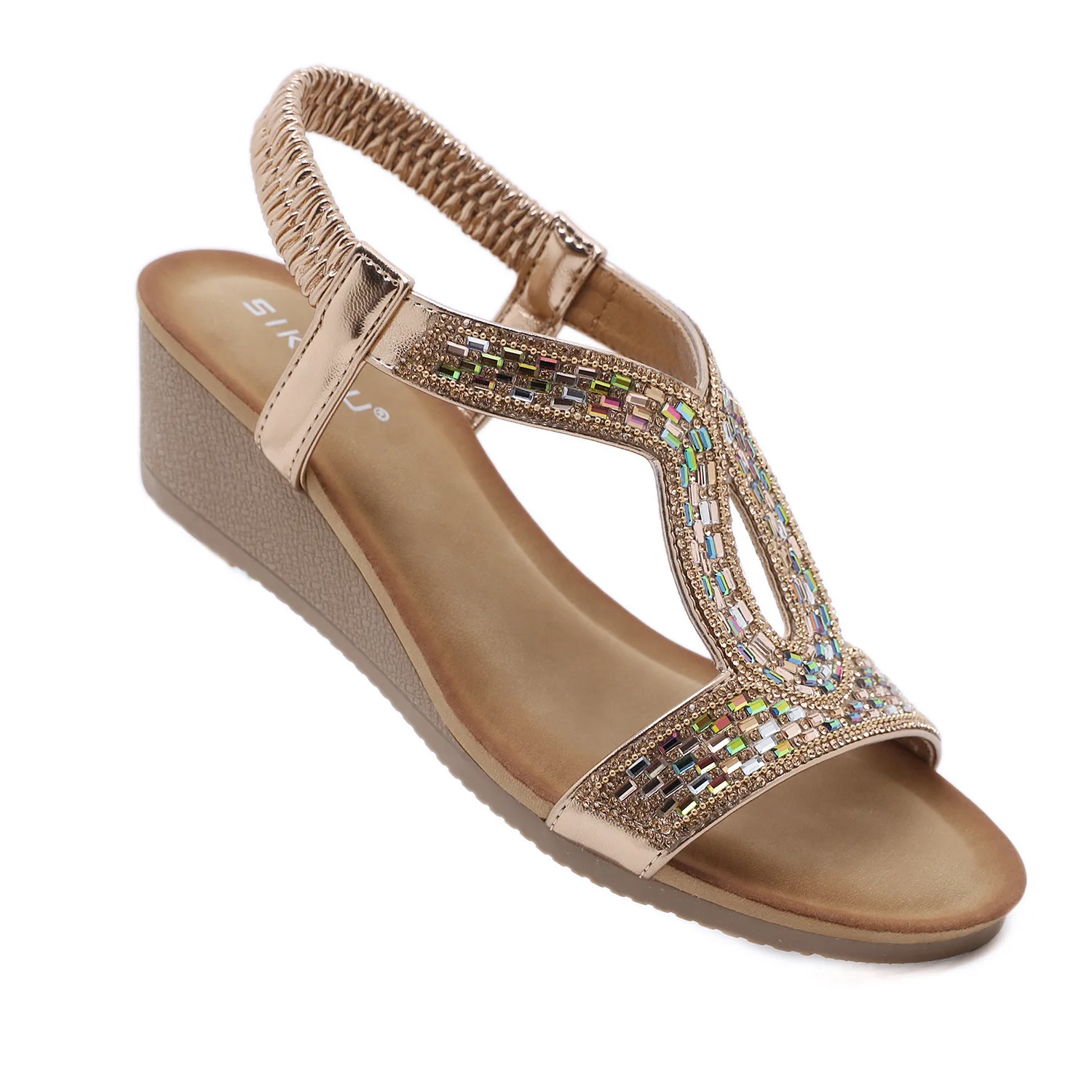 New Style Open Toe Round Bohemian Sandals Casual Rhinestone Hollow Out Ladies Platform Wedge Sandals