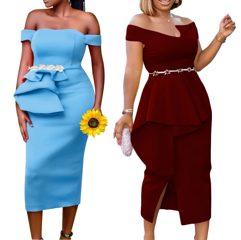 Newest solid color Strapless Large size African Irregular slit sexy slim evening dress