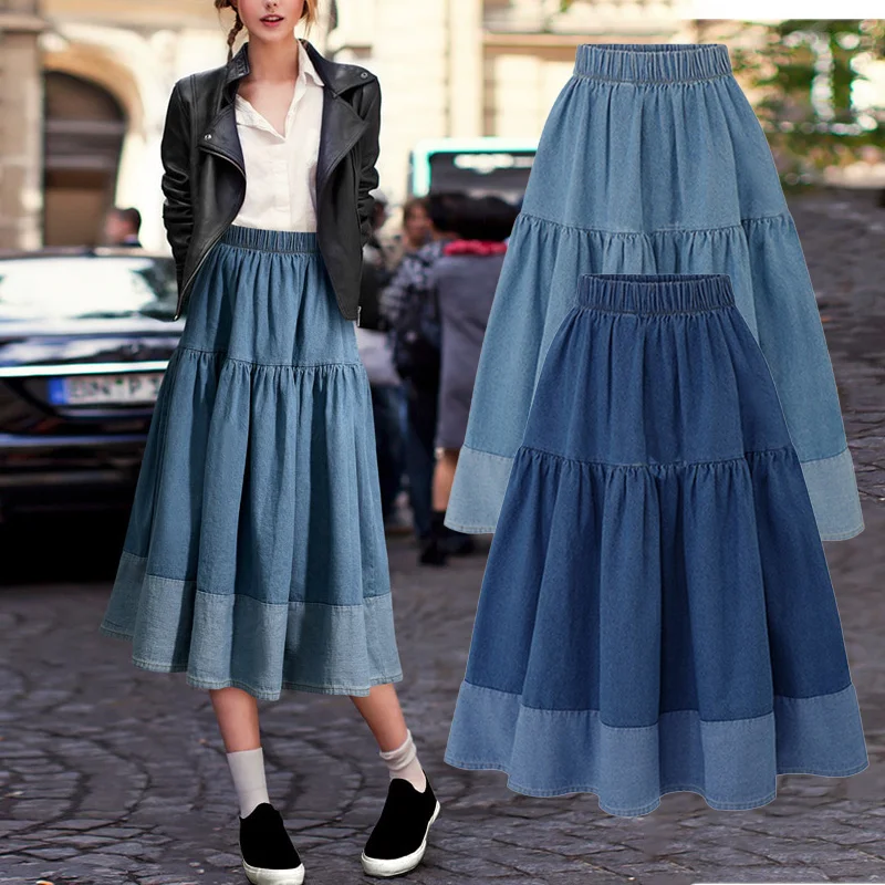 Custom Elegant Casual High Waist Women Pleated A Line Midi Length Skirt Patchwork Elastic Ladies Denim Skirts Faldas Para Mujer
