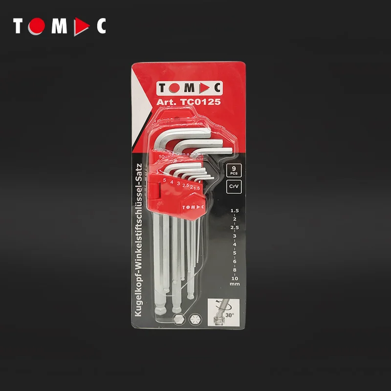 TOMAC 9-Piece Chrome Vanadium Ball Point Hex Key Set with Extra Long Arm - Professional Hexagonal Wrench Tool Set