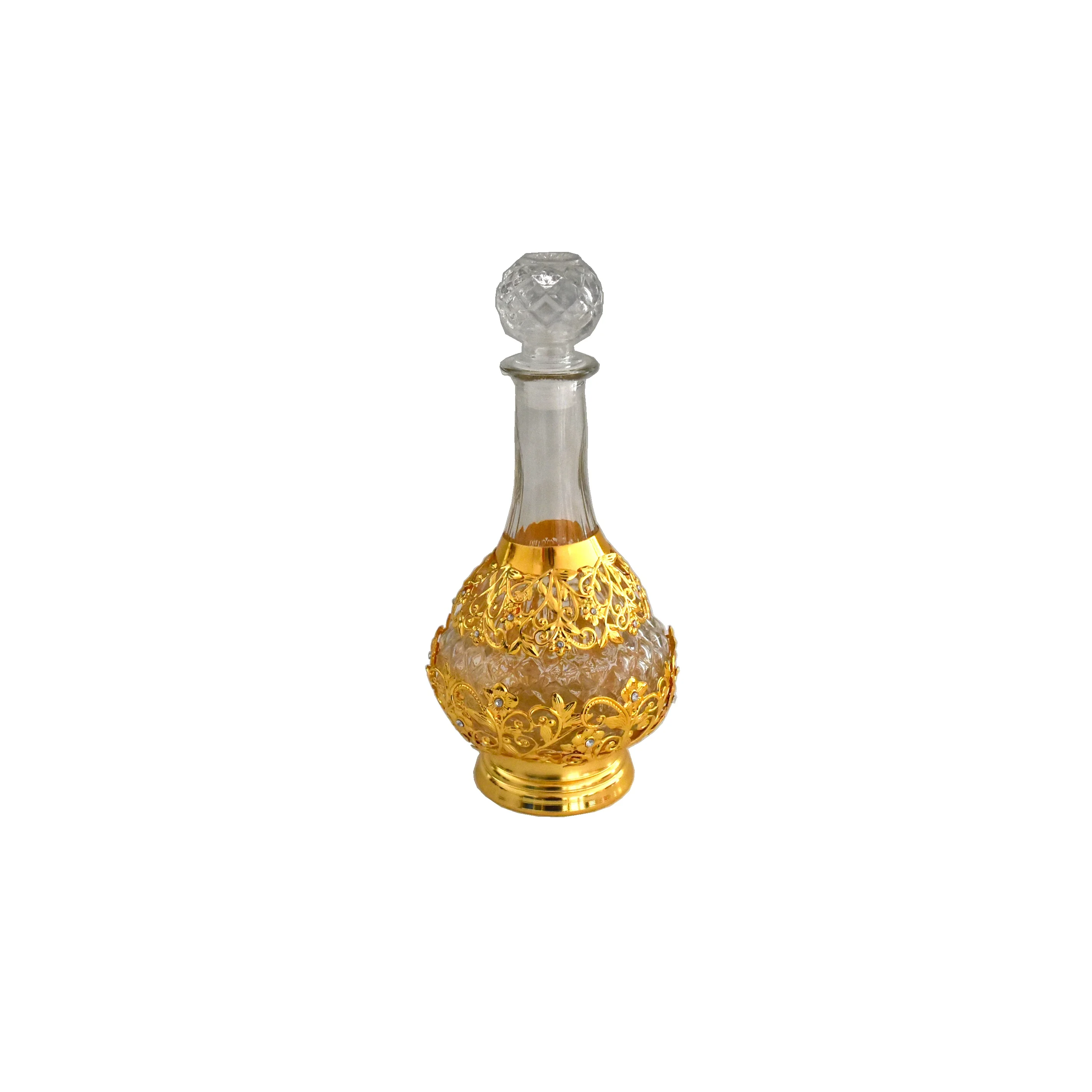 Glass decanters golden steel lace glass bottle vase perfume bottles with lid
