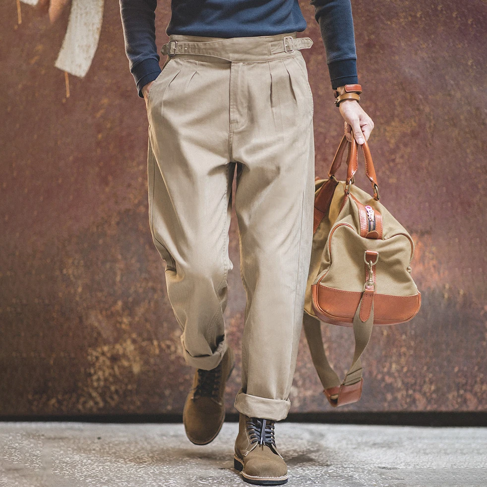 Vintage high waist Gurkha straight Naples pants casual custom embroidery logo 100% cotton khaki private label trousers