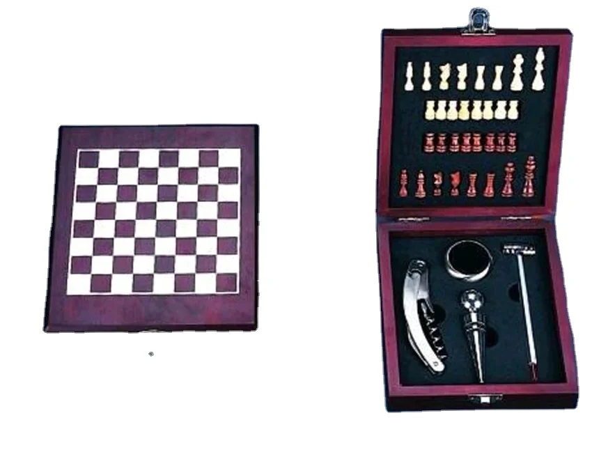 K0428-4w Wooden Box With International Chess Wine Tools Set