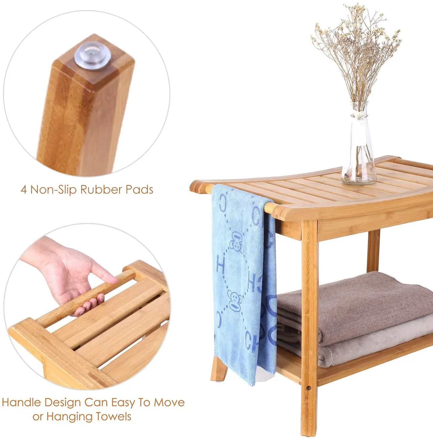 Bamboo Bathroom Shower Bench Stool Non Slip Indoor Outdoor Chairs Waterproof Wooden Bath Spa Bathroom Storage Organizer