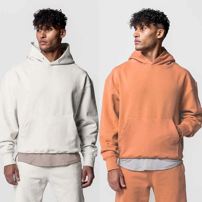 Custom Logo Wholesale Cotton  Plain Blank Heavy Oversized Heavyweight Pullover Thick Hoodie no drawstring Set C08