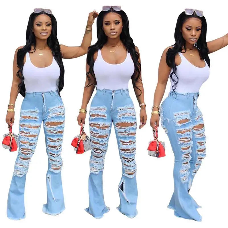  Summer hot sell women ripped stretchy jeans trousers
