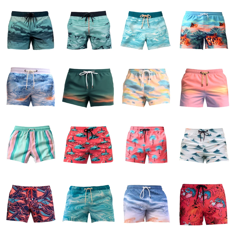 Men Swim Shorts Printed Drawstring Swim Trunks Beachwear Briefs 3 Inch Swimming Shorts Beach Pants