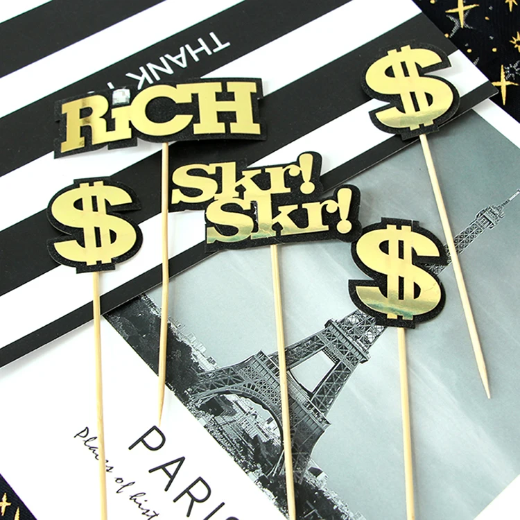Wholesale Cake Birthday Party Decoration Supplies Best Gold Cupcake Topper US Dollar Rich $ Word Letters Cake Toppers