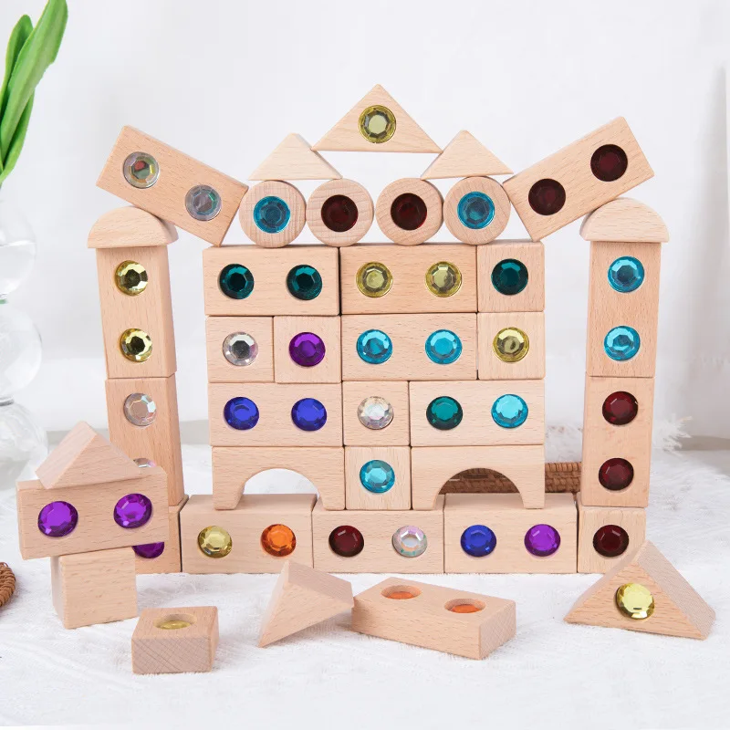 Wooden Acrylic Gemstone Building Blocks Dazzling Rainbow Crystal Children Construction Patchwork Pile Educations Toys For Kids
