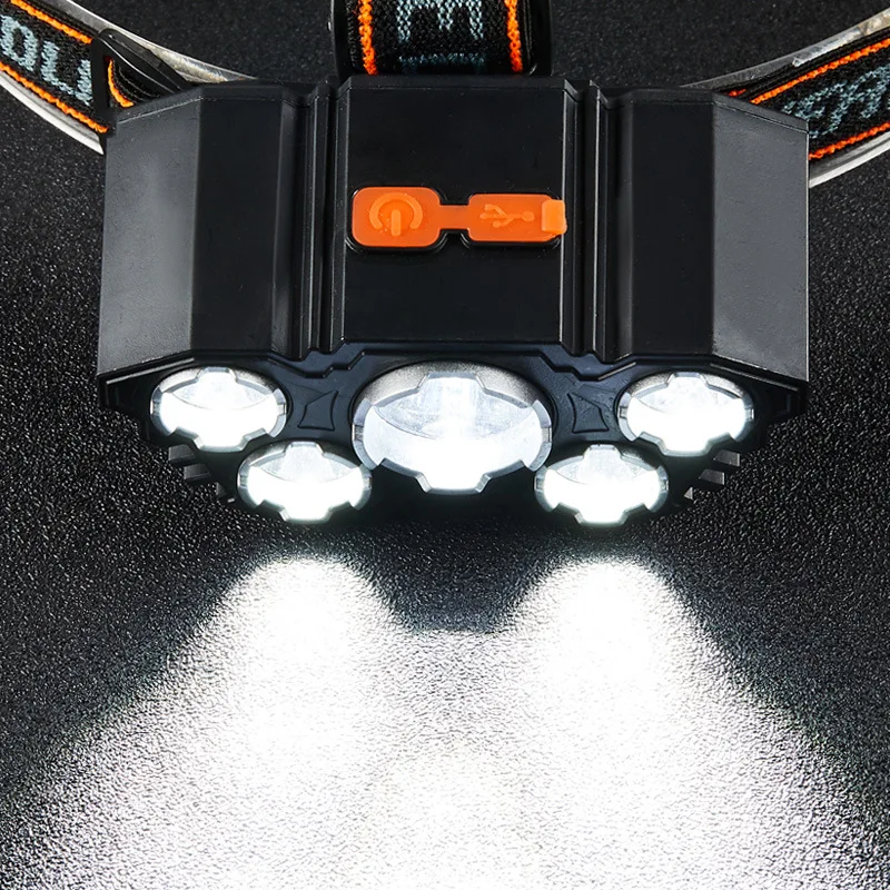 Helius New Wholesale High Quality Plastic Built-in 18650 USB Rechargeable 5 LED Strong Light Multi-function Headlamps