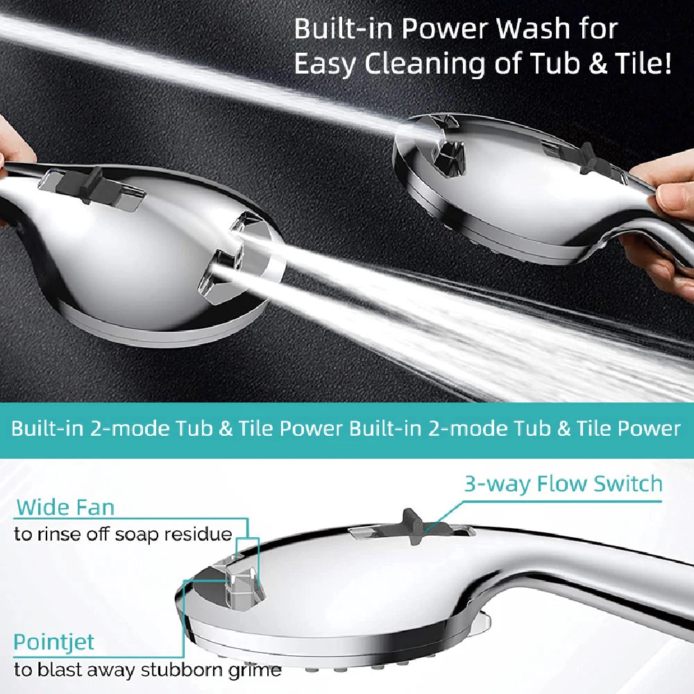 New Design ABS High Chrome Finishing  Ducha HandHeld Shower 8 Settings High Pressure Shower Head Set