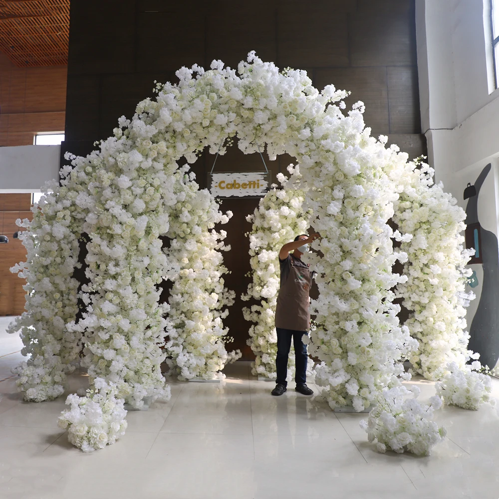 KCFA-113 Artificial White Rose With Hydrangea Wedding Arch Decorated Flower Metal Arch For Wedding Background Wedding Decoration