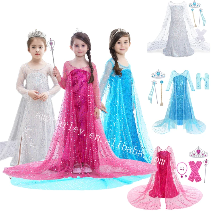 Hot Sale Long Cloak Elsa Queen Costume Sequin Kids Masquerade Party Dress for Ice Girls with Wig Crown Gloves Magic Stick
