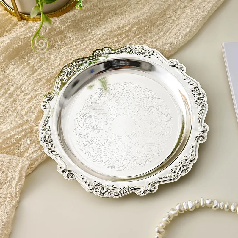 European Banquet High-End Luxury Metal Silver Plated Tableware Retro Dinner Gold Silver Decorative Jewellery Tray Dessert Cake