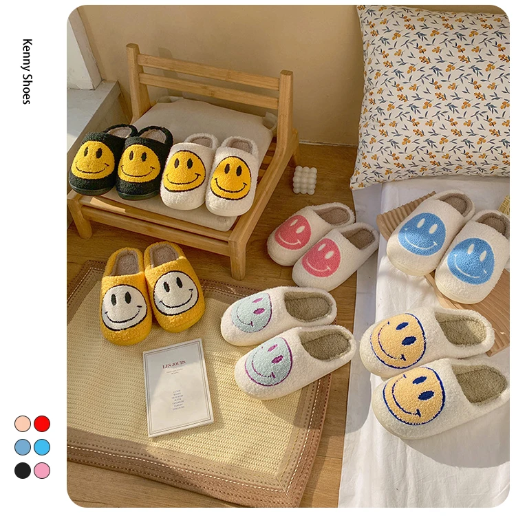 Wholesale Fashion fur furry fuzzy winter warm indoor home house bedroom smiley smile happy face slippers for women