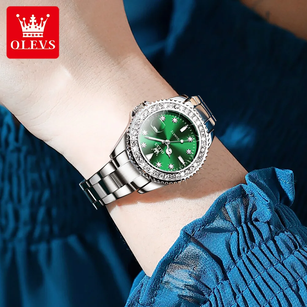 OLEVS 9945 Green Women Watches With Waterproof Stainless Steel Automatic Quartz Wrist for