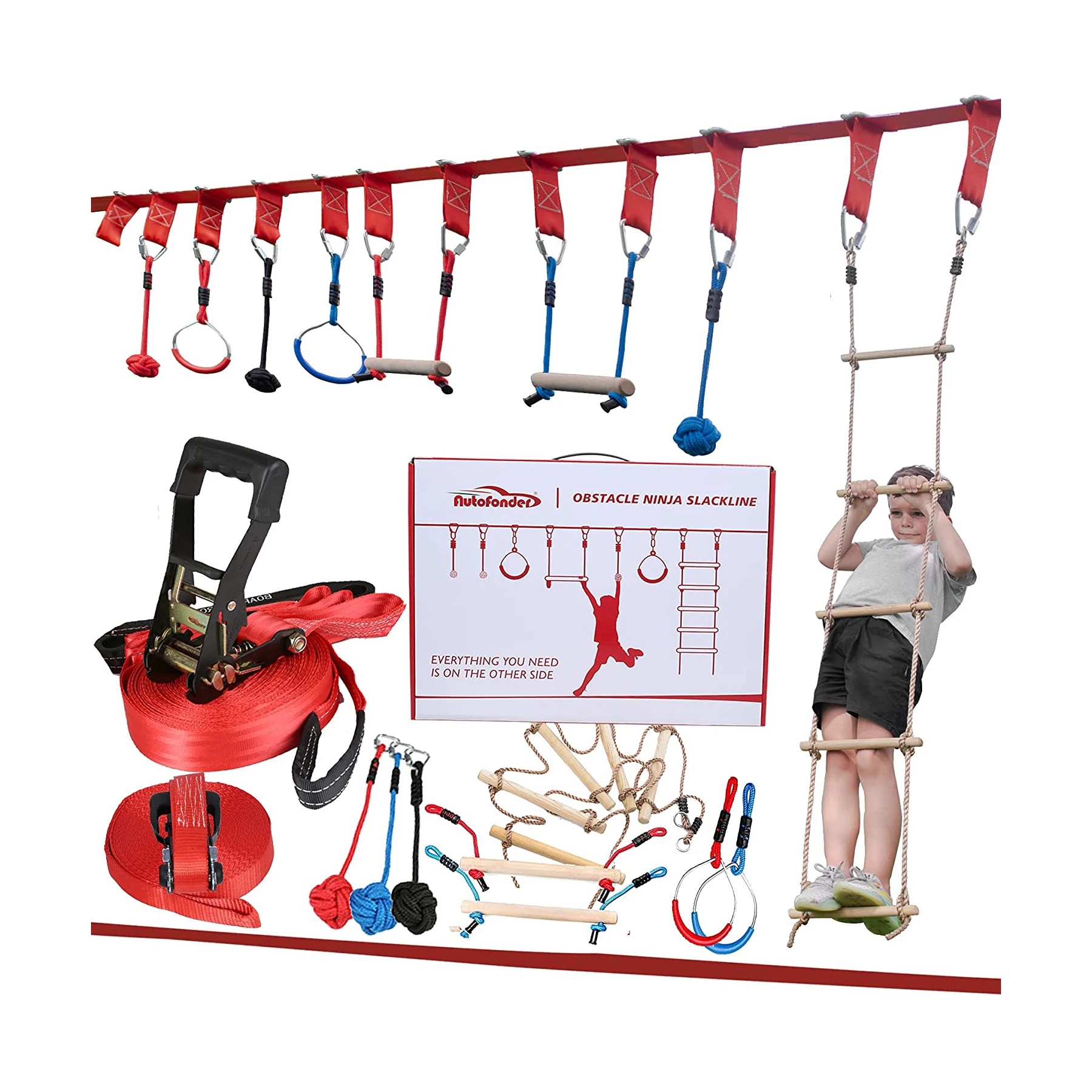 2x50ft children kids hanging obstacle course outdoor ninja slackline slack line red with 7 obstacles and climbing rope ladder