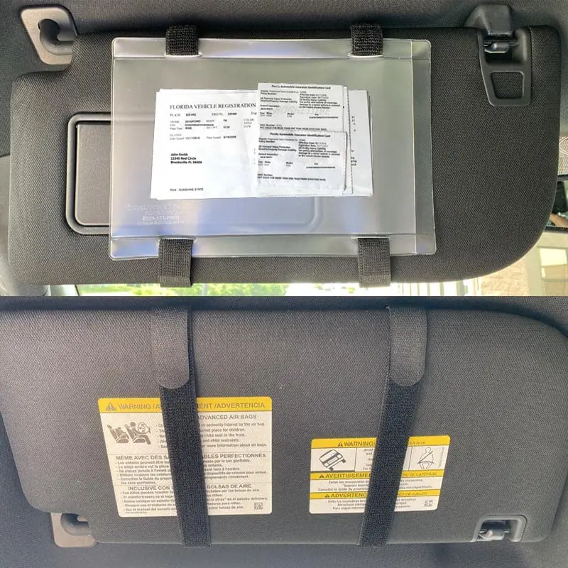 Side Opening Auto PVC Car Document Vehicle Registration And Insurance Card Holder For Car With Visor Elastic Hook And Loop Strap