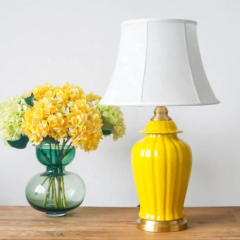 Chinese yellow temple jar ceramic table lamp with fabric shade hotel bedside table lamps decoration
