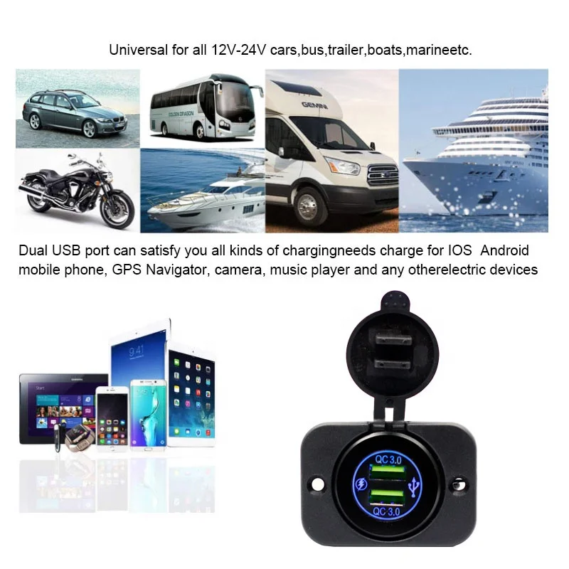 12v USB Outlet  48W USB Car Charger Socket Dual USB  QC 3.0 Car Socket
