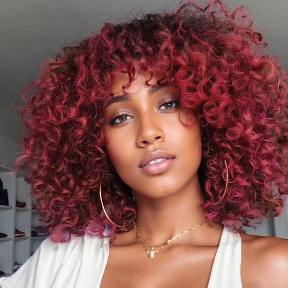 Vigorous Wine Red Mixed Curly Synthetic Hair Heat Resistant Fiber Wig for Black Women Glueless Kinky Curly Hair Wigs with Bangs