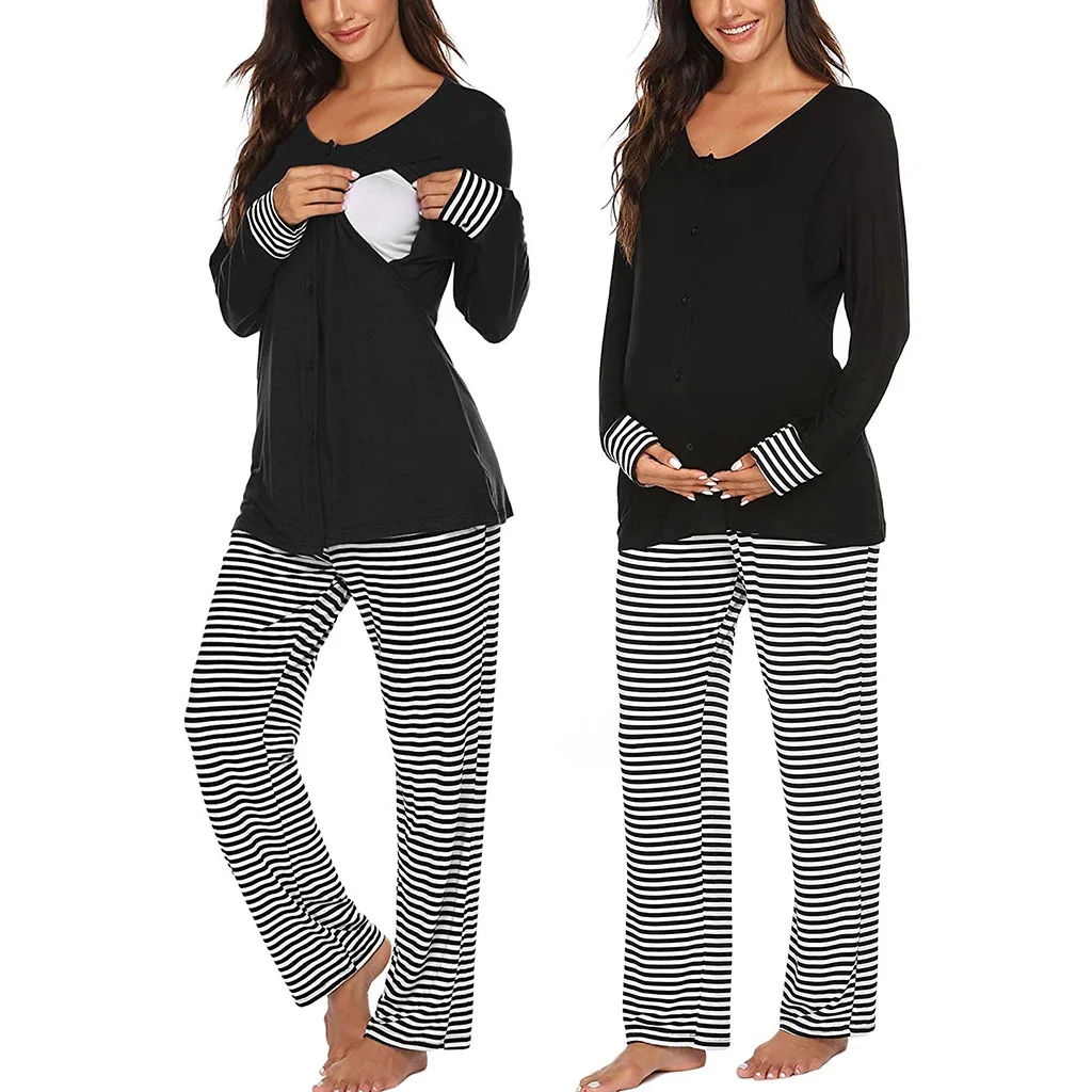  2021 Latest Fashion Loose Comfortable Stripe Pregnant Women Pajamas Maternity Home Wear Two Piece Clothing